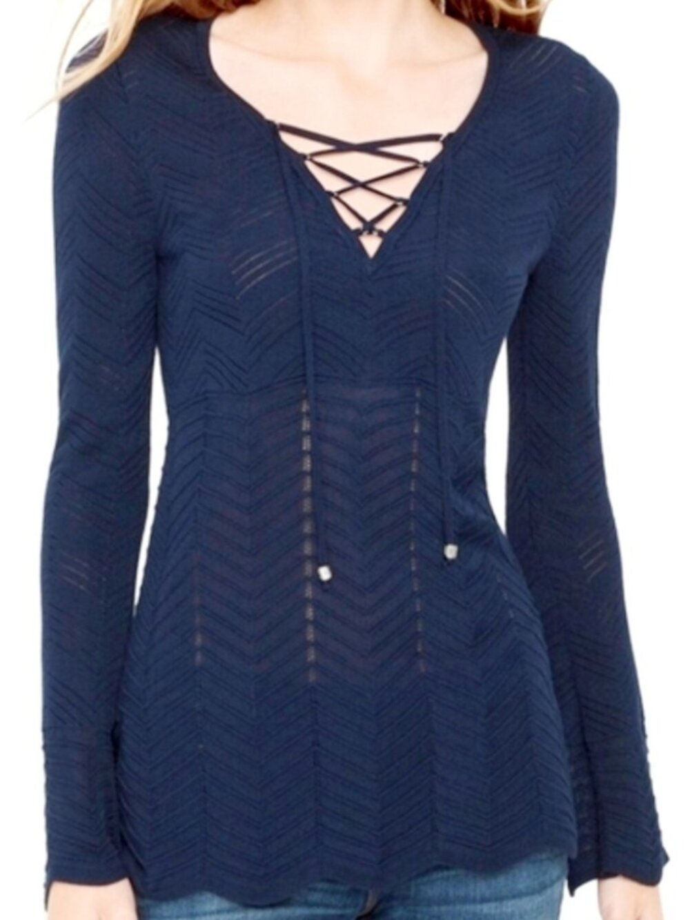 White House Black Market Navy Open Weave Lace-up Tunic Scalloped Hem & Sleeve XS